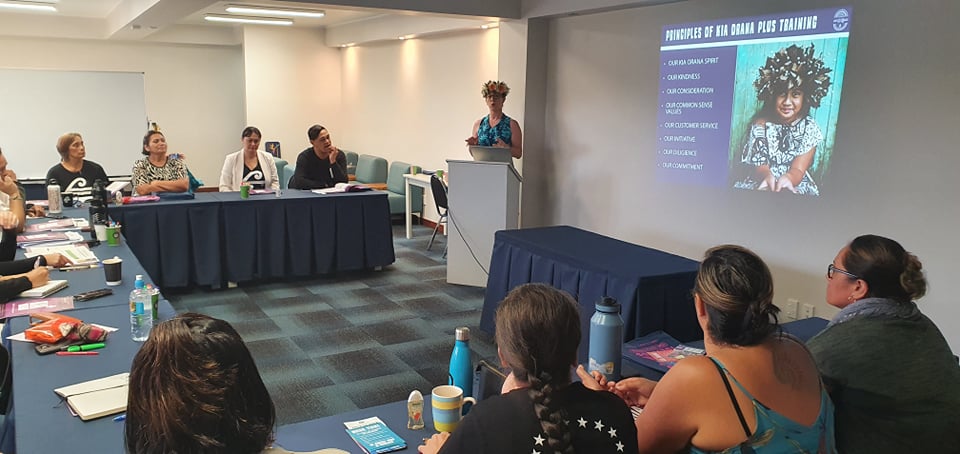 Business Partnerships Manager, Claire Wilson delivers the Kia Orana Plus rapid training to the Air New Zealand team